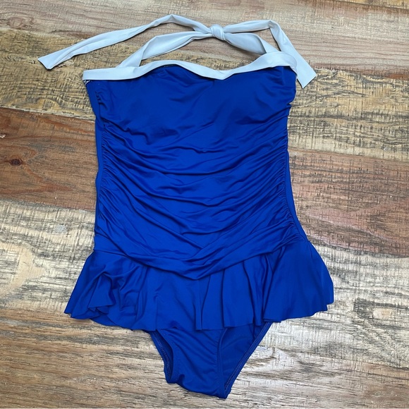 Lauren Ralph Lauren Other - Lauren Ralph Lauren Womens Blue White Ruched Halter One Piece Swimsuit Sz 14